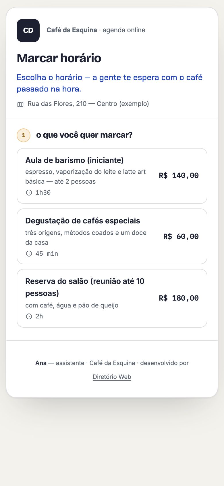 No celular do cliente, a página de agendar do Café da Esquina: aula de barismo, degustação de cafés especiais e reserva do salão, com a duração e o preço