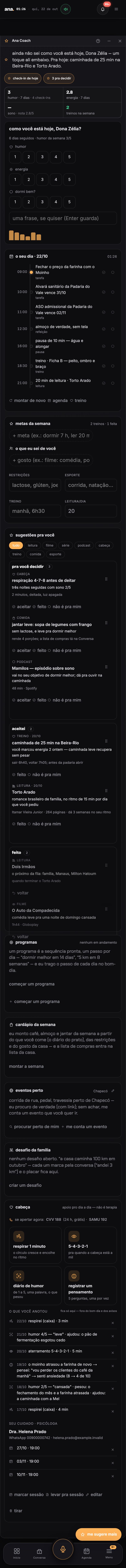No celular, o check-in de um toque, o dia em blocos e o botão flutuante “me sugere mais”