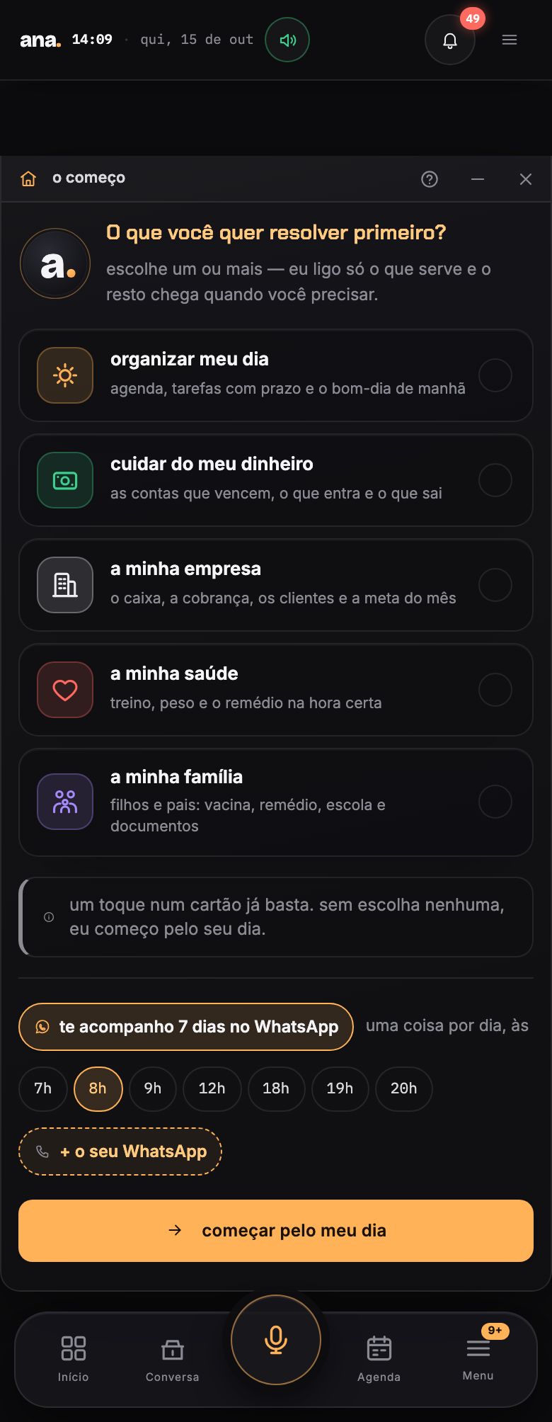 No celular, a mesma pergunta com os cinco cartões, um embaixo do outro, e a trilha de 7 dias no WhatsApp