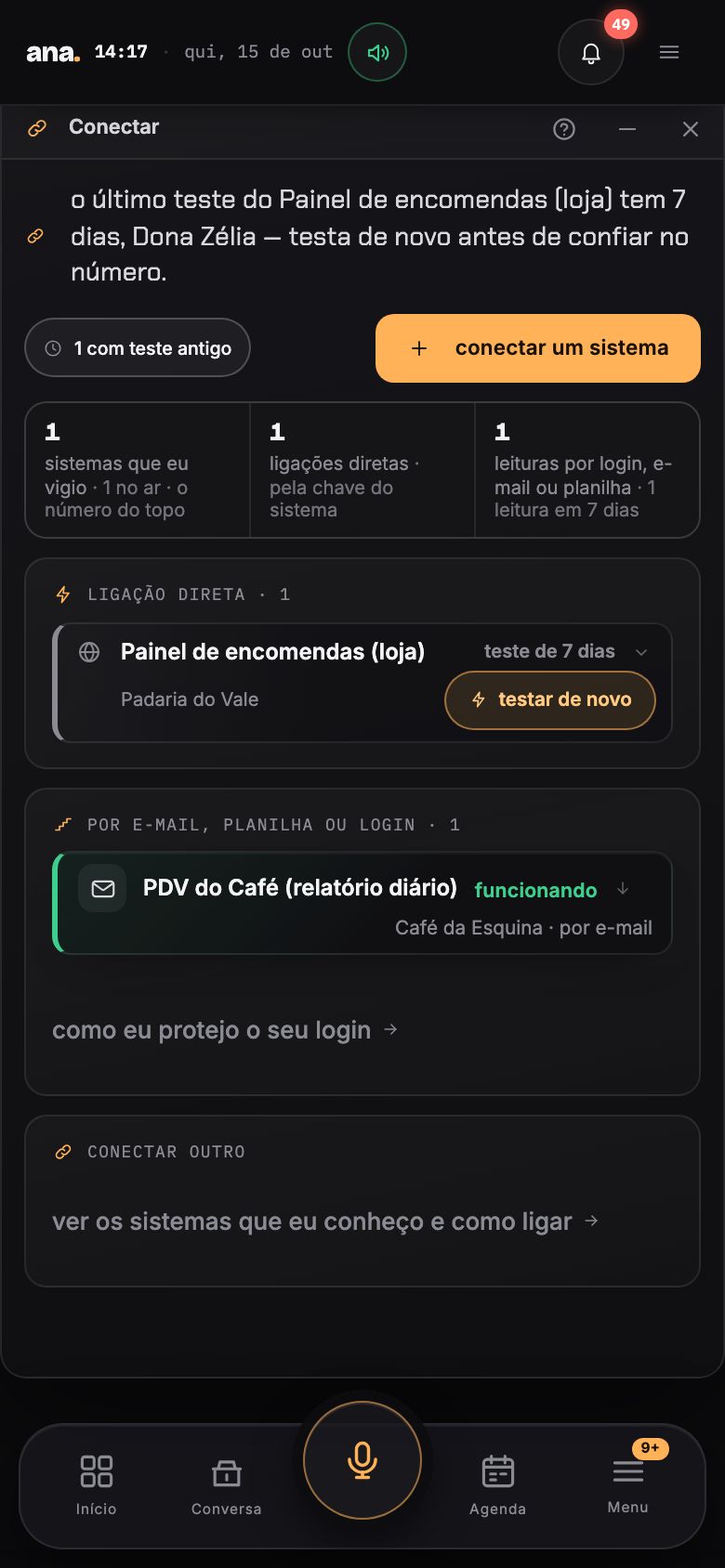 No celular, os três jeitos de ler um sistema e a lista dos sistemas da casa com o estado de cada um