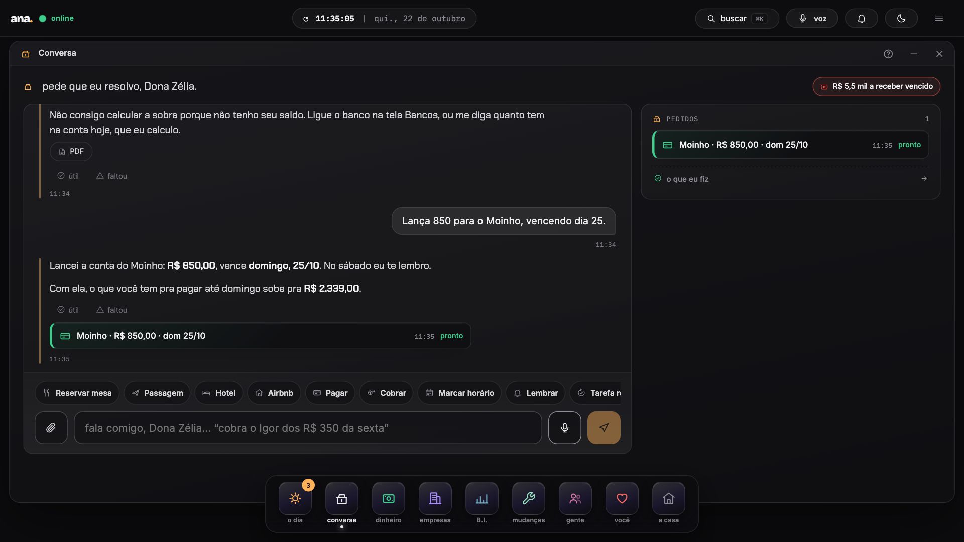 A resposta da Ana a “lança 850 pro moinho vencendo dia 25”, na Conversa