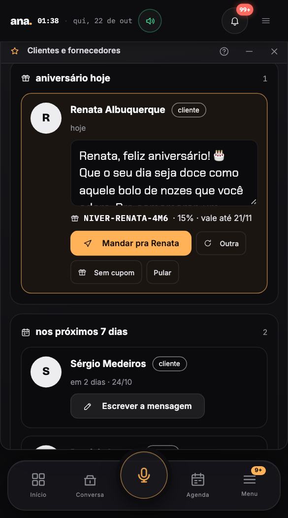 Aniversariantes — o parabéns pro cliente e pra equipe no dia, com a mensagem pronta e o cupom