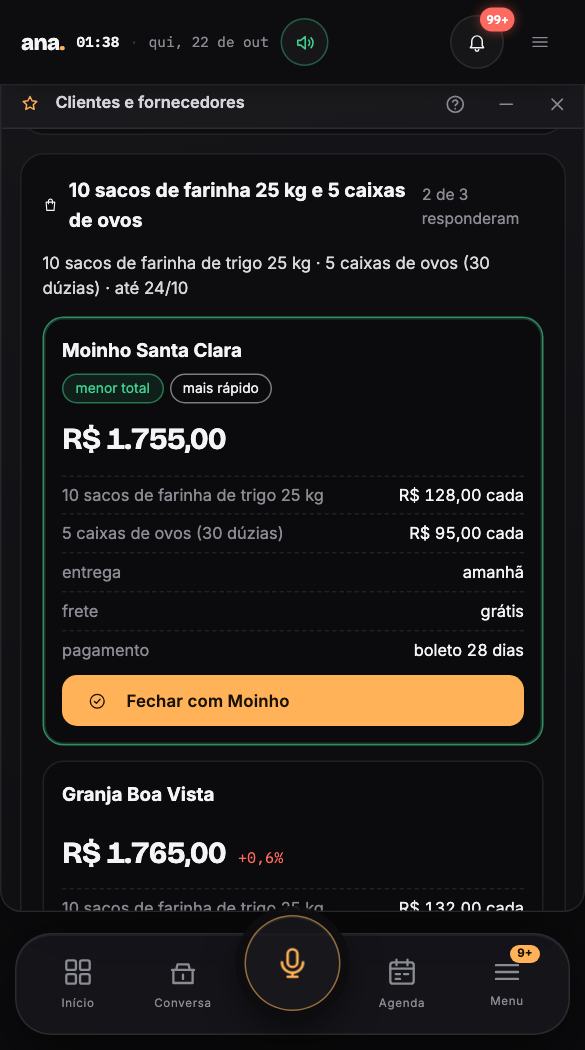 Cotação — a lista vai pra 3 fornecedores e eu comparo preço, frete e prazo num quadro só