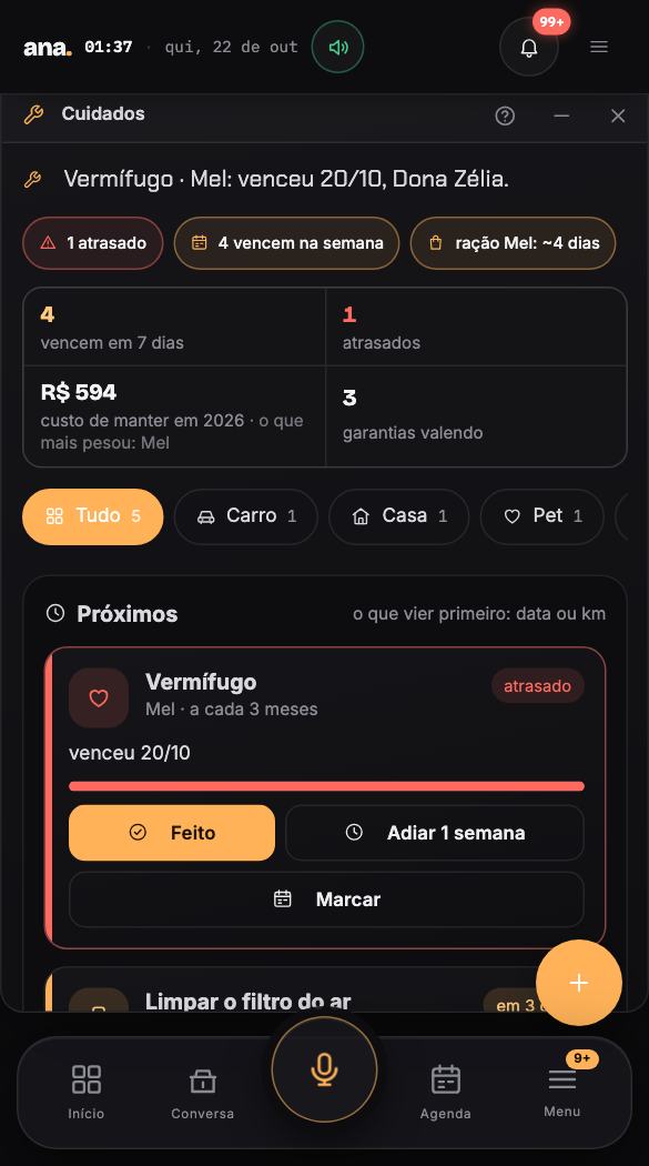 Cuidados — óleo do carro, vacina do pet, caixa d'água e garantias — eu lembro antes
