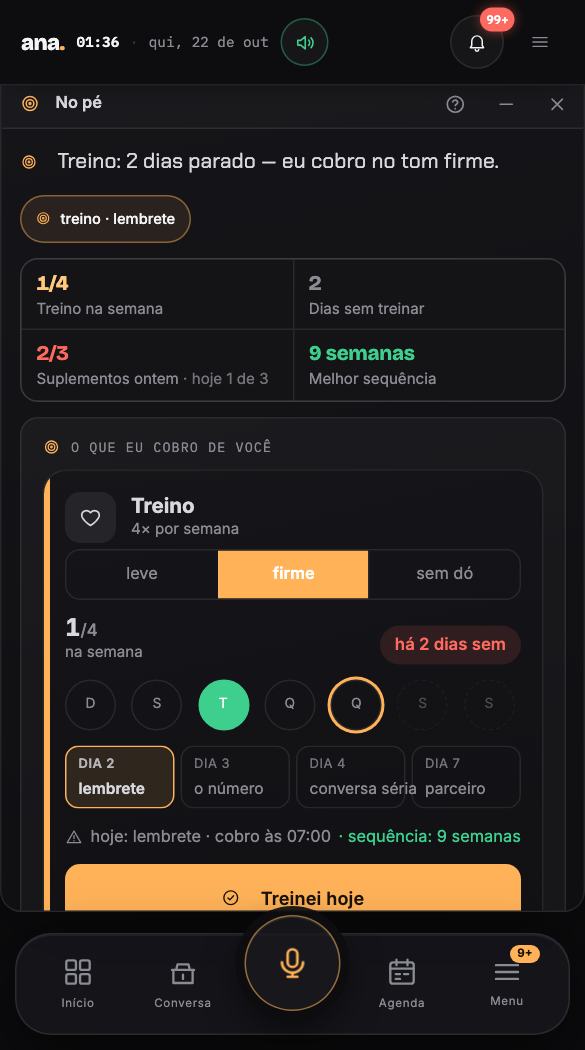 No pé — cobra o treino, os suplementos e as rotinas — no tom que você escolher