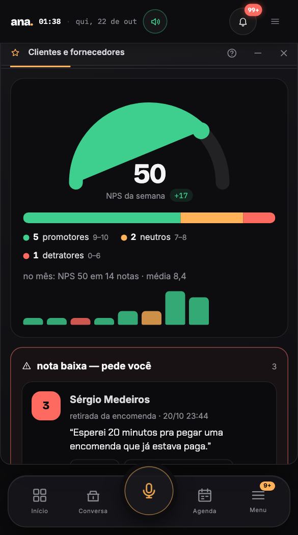 Nota do cliente — pergunto a nota pro cliente no WhatsApp e aviso na hora quando ela vem baixa