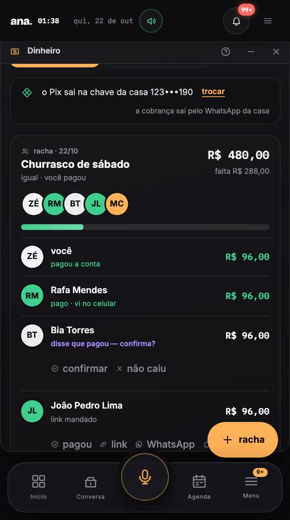 Racha — divide a conta centavo por centavo, manda o Pix de cada um e dá baixa quando cai
