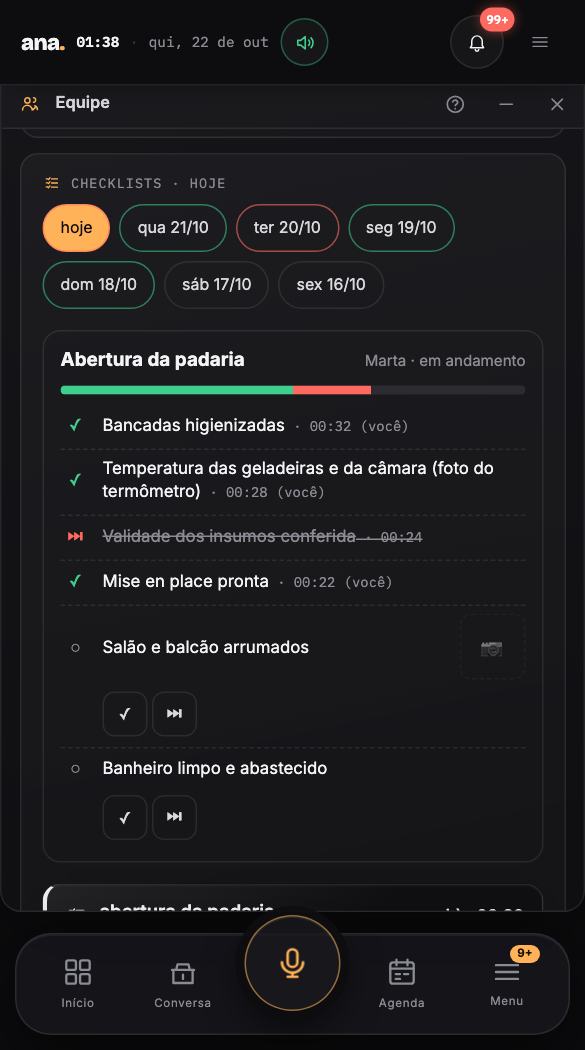 Rotina da equipe — escala com troca pelo WhatsApp, checklist com foto, vales e caixinha
